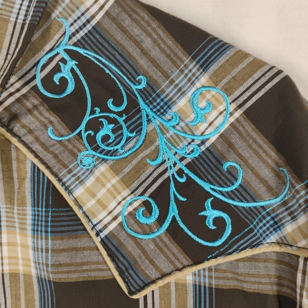 Roper Women's 1X Embroidered Brown/Blue Pearl Snap‎ Rodeo Western Style Shirt - Picture 4 of 11